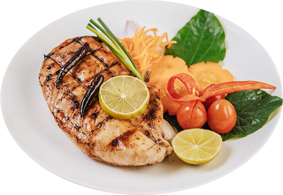 Chicken Steak With Wemon Tomato Thili Carrot White Plate