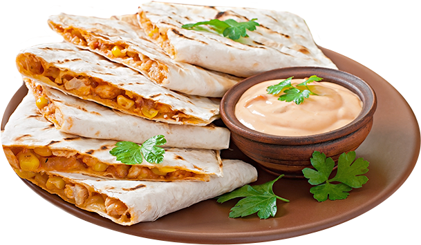 Mexican Quesadilla Sliced With Vegetables Sauces Table