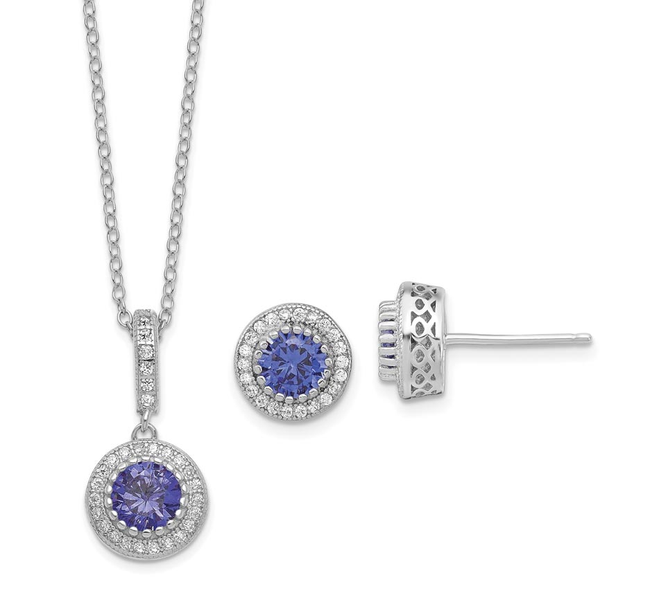 Sterling Silver Polished Rhodium-plated CZ 18in Necklace/Post Earrings Set